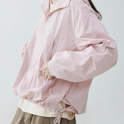Sweet Style Half Open Collar Hooded Drawstring Coat Women's Spring New Pullover Solid Color Top