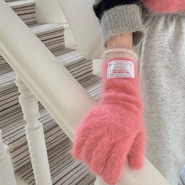 Ins blogger with rabbit fur long gloves color matching knitted finger can play mobile phone cloth label fashion ladies gloves