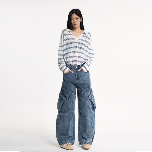Jiamu American Baggy Silhouette Scimitar Unisex Cargo Pants Casual Pants for Men and Women Loose Wide-Leg Multi-Pocket Pleated