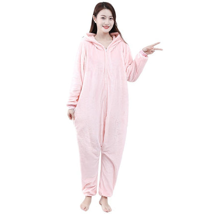 Autumn and Winter Pink Baby Cute Flannel Cartoon Animal One-Piece Pajamas for Men and Women Home Clothes Hooded Pants