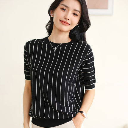 Summer new ladies knitted T-shirt short sleeve cotton round neck vertical stripe thin pullover jacket wholesale