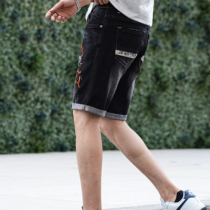 Cross-Border Popular Summer Men's Jeans Straight Fashion Street Fashion High-End Casual Elastic Five-Point Pants New Style