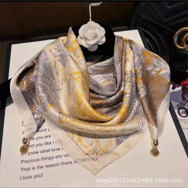2024 New Magnetic Buckle Silks and Satins Square Scarf Women's Spring and Autum Scarf High-end Decorative Triangle Scarf Neck Protector