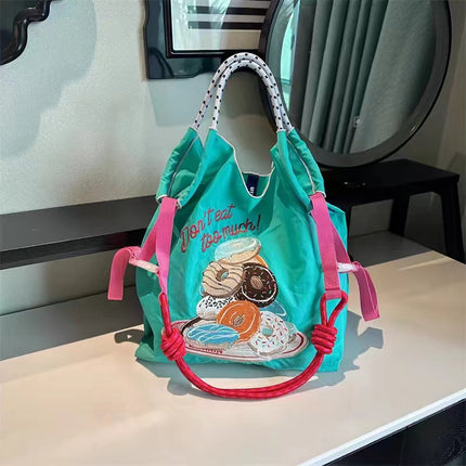 High-Quality Japanese-Style Ball Chain Eco-Friendly Shopping Bag Nylon Fabric Embroidered Floral Tote Nylon Canvas Bag