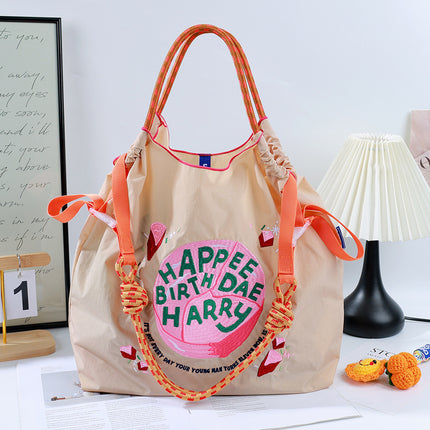 Cross-Border New Embroidered Shoulder Bag Large Capacity Bag Women's Environmentally Friendly Shopping Bag Embroidered Crossbody Bag Nylon Tote Bag