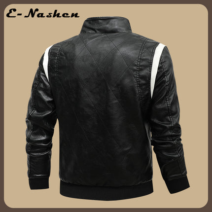 European and American Men's Leather Jacket New Style Stand Collar Removable Hooded Motorcycle Leather Jacket Fashionable Black and White Color Matching Large Size Men's Clothing