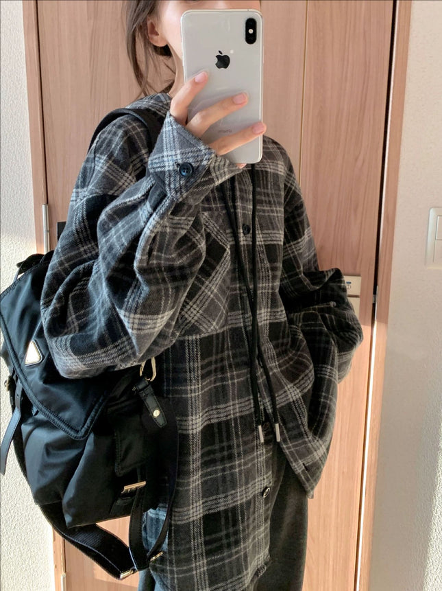 Light Turmeric/Black and White Gray Handsome Plaid Oversize Woolen Hooded Shirt Top for Women Autumn
