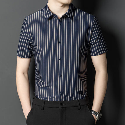 Summer New Vertical Striped Shirt for Men, Short-Sleeved Business Casual High-Elastic Seamless Shirt, Slim Fit Light Business