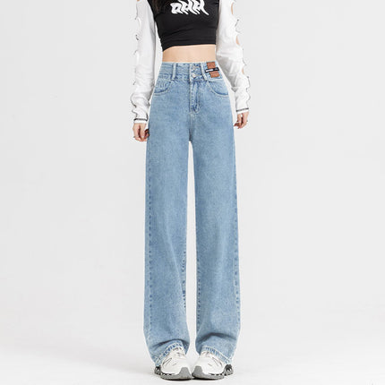 Women's Versatile Retro Blue Floor-Length Pants, Stylish High-Waisted Straight-Leg Jeans, Slimming 2025 Drapey Wide-Leg Pants, Trendy