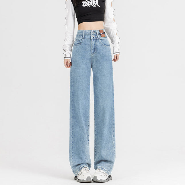 Women's Versatile Retro Blue Floor-Length Pants, Stylish High-Waisted Straight-Leg Jeans, Slimming 2025 Drapey Wide-Leg Pants, Trendy