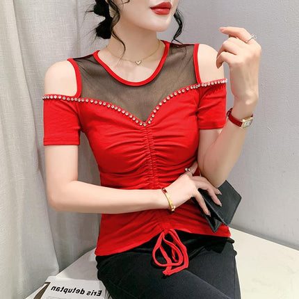 Real Shot 2023 Summer New Original Sexy Shoulder Heavy Industry Nail Drill Drawstring Pleated Slimming Short-sleeved T-shirt for Women