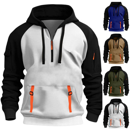 2025 Export Amazon Popular Men's Autumn and Winter New Raglan Sleeve Color Matching Casual Half-Zip Sweatshirt Hoodie