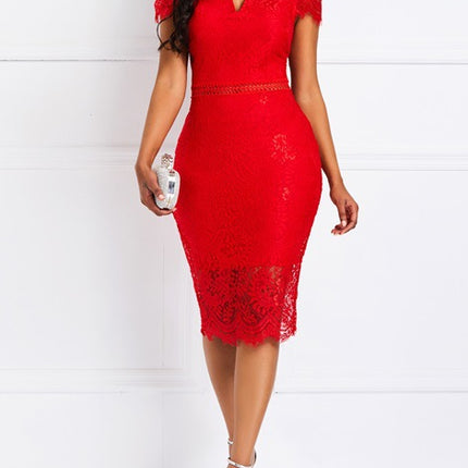 Factory Ready-Made Cross-Border European and American Evening Dress Short-Sleeved V Neck Off-Shoulder Sexy Mid-Length Hip-Hugging Lace Dress Wholesale