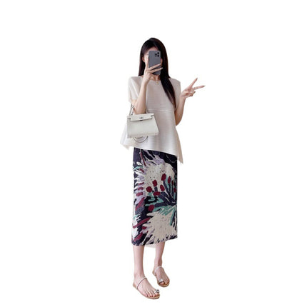 Miyake Pleated Irregular Top Gorgeous Fireworks Printed Opening Midi Skirt Heavy Industry Pleated Straight Skirt Women