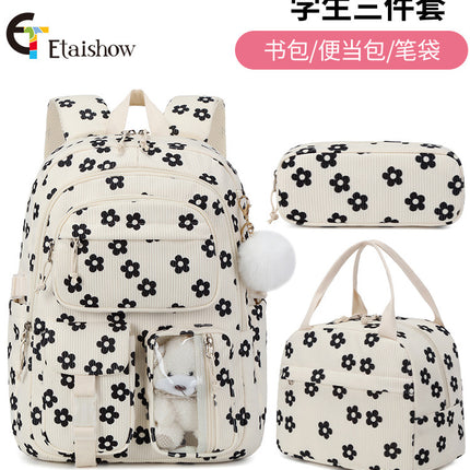 High School Ins Campus Large Capacity Three-Piece Corduroy Printed Backpack New Style Casual All-Match Backpack