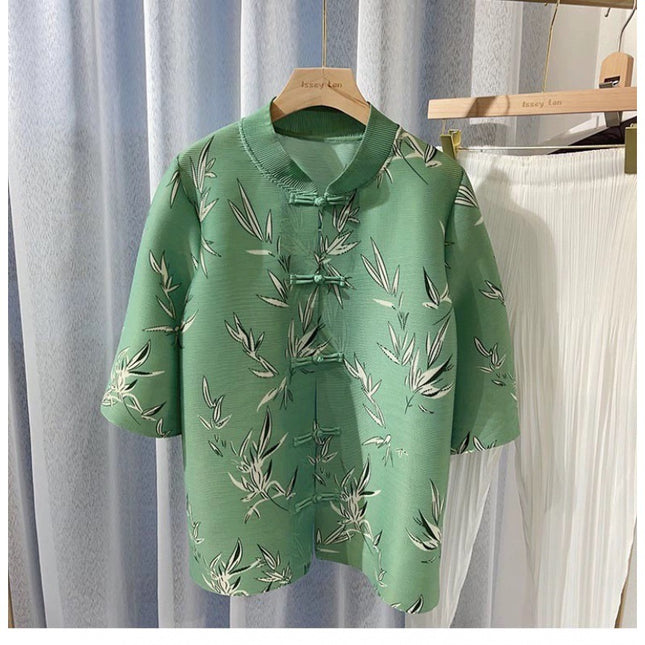Chenghuan Ji Liu Wanyu's Mother's Same Style Green Bamboo Printed Shirt New Chinese Style Top National Style Pan Mouth Jacket