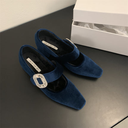 2025 Spring and Summer New Style Women's Shoes with Square Head Flat Bottom Shallow Shoes with Water Diamond Buckle Flat Heel Shoes Suede Shoes