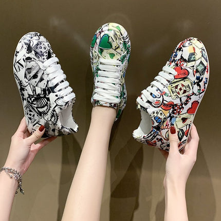 European and American New Hand-painted Graffiti Sneakers Women's McQueen White Shoes Leather Top Thick-soled Elevated Board Shoes Women's Casual Shoes Trendy