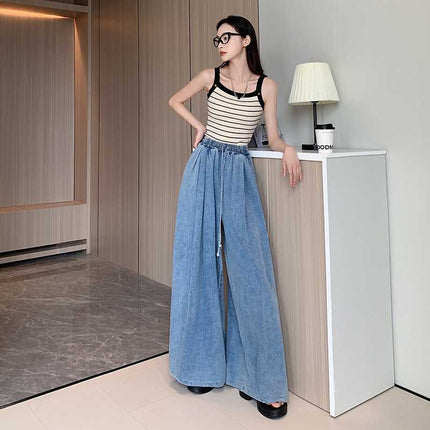 Real shot 2025 spring new loose plus size jeans women's wide leg slim mop pants women's simple trouser skirt