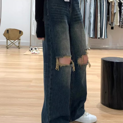 American Retro Ripped Jeans for Women Summer 2025 New Loose Slimming High-Waisted Wide-Leg Floor-Length Pants
