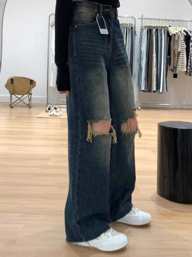 American Retro Ripped Jeans for Women Summer 2025 New Loose Slimming High-Waisted Wide-Leg Floor-Length Pants