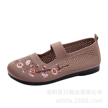 Mother Shoes 2024 Summer Hollow-out Mesh Shoes Polyurethane Middle-aged and Elderly Slip-on Ethnic Style Casual Fly-woven Embroidered Shoes