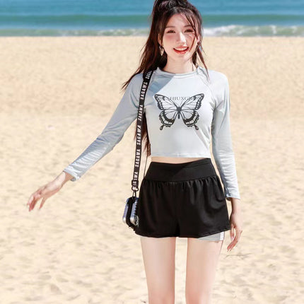 New Sports Slimming Long-sleeved Split Belly Covering Two-piece Set Conservative Student Girl's Cunnable Hot Spring Swimsuit