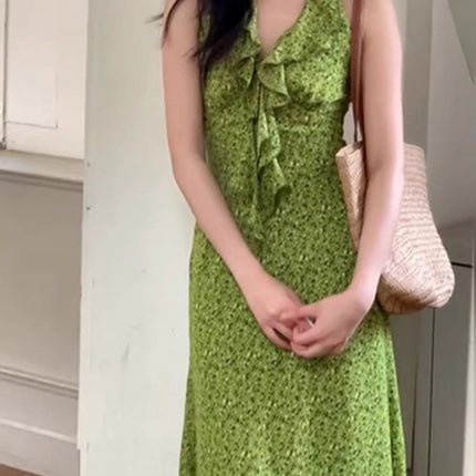 Green French V-Neck Pure Desire Sleeveless Halterneck Floral Dress Women's Summer New Seaside Vacation Long Dress