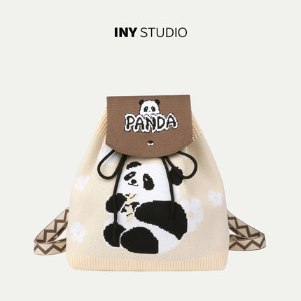 Grandpa Panda Cartoon Knitted Bag Women's Handbag Spring and Summer Popular Large Capacity Shoulder Drawstring Bag Versatile Backpack
