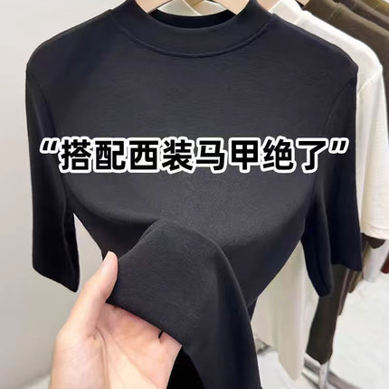 2025 New Style Half-High Collar Solid Color Five-Quarter Sleeve Inner Layering Shirt for Women, Versatile Spring Slimming and Elegant Top T-Shirt
