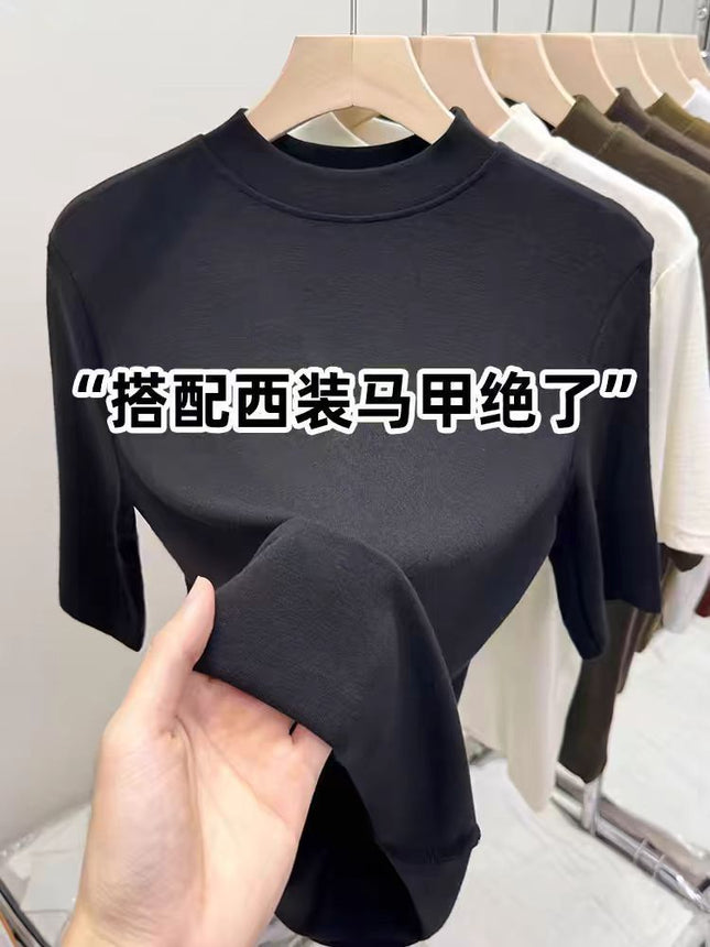 2025 New Style Half-High Collar Solid Color Five-Quarter Sleeve Inner Layering Shirt for Women, Versatile Spring Slimming and Elegant Top T-Shirt