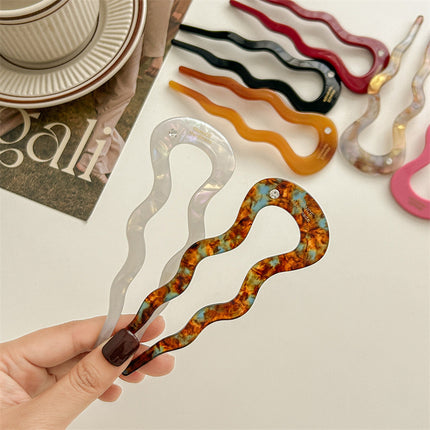 A Diamond Acetic Acid U-Shaped Wave Hair Hairpin Disc Hair New Chinese Style National Style Hair Hairpin Hair Accessories Gentle All-Match New Style
