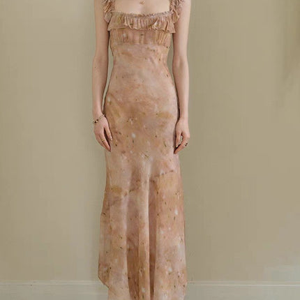 Midsummer Oil Painting Series & High-set Oblique Cut Mid-length French Printed Sling dress