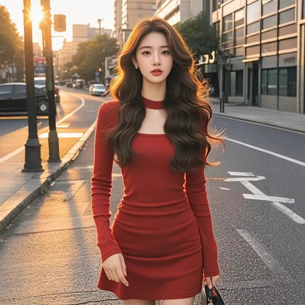 New French Style Neck Square Collar Long Sleeve dress Retro Light Luxury Elegant High-end Tight Waist Slimming Hip Skirt