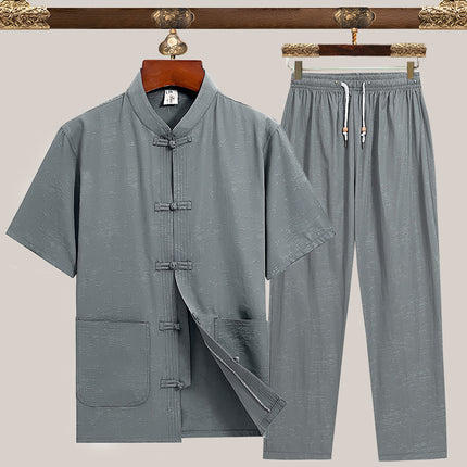 Tang Suit for Men, Summer Outfit for Middle-Aged and Elderly Men, Grandpa's Cotton and Linen Chinese Style Short-Sleeve Set, New Chinese Style