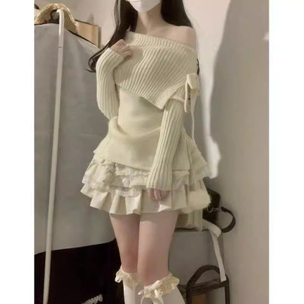 off-shoulder ambience long-sleeved sweet sweater top little cake pure skirt academic style suit
