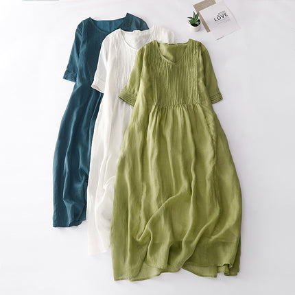 2023 Summer Design Sense Organ Pleat Artistic Retro Solid Color V-neck Ramie Cool Slimming Long Dress Women's Dress