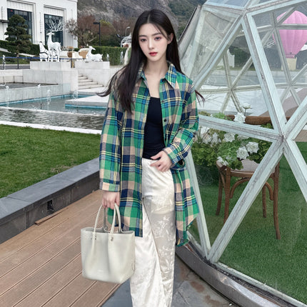 Cotton Linen Shirt Women's Mid-length Spring and Summer Vintage Thin Coat Loose Green Plaid Shirt Design Chic Top