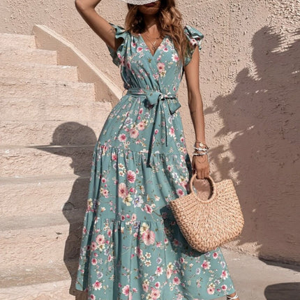【Code】Summer Vacation Floral Dress with Floral Print, Butterfly Sleeves, Ruffled Belt, Vacation Style, Light Luxury