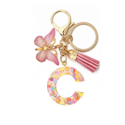 1 Px Pink Heart Sequins Resin English Letter Key Chain Pendant Butterfly Tassel Accessories Key Hanging