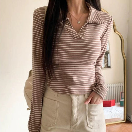 South Korea's Dongdaemun New Product Polo Collar Pinstripes Elastic Waist Short Long-Sleeved T-Shirt Top Women's Trendy