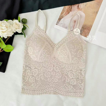 Popular Xiaoyunji Lace Spaghetti Strap Seamless Camisole with Built-In Bra Pads Versatile Beautiful Back Underwear