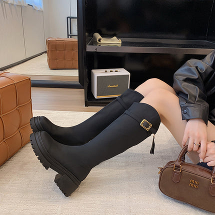 Long Boots for Women in Autumn and Winter, Thick-Soled High Boots for Small People, Maillard Retro Square Heel Back Zipper Slimming Look Knight Boots