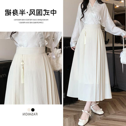 Real Shot of 2026 New Chinese-Style Fan-Shaped Tassel Hanging Decoration Mid-Length High-Waisted Slimming A-Line Pleated Mamian Skirt