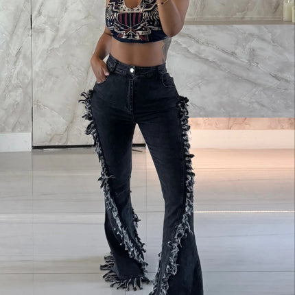 M80923 European and American Fashion New Retro Raw Edge Trendy Design Cool Floor-Length Flared Jeans