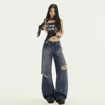 American Retro Ripped Wide Leg Jeans Women's 2025 Spring and Summer New Straight Loose High Waist Slim-Fit Mopping Pants