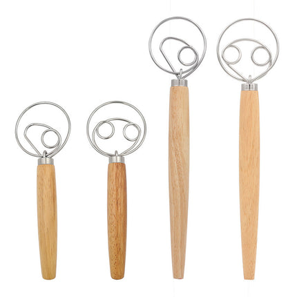Stainless Steel Oak Handle Coil Dough Beater Double Ring Manual Egg Beater Single Ring Flour Stirrer