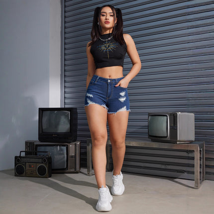 Cross-border AliExpress Hot Sale American Style Denim Shorts Women All-match Blue Ripped Shorts Hem Grinding Jeans