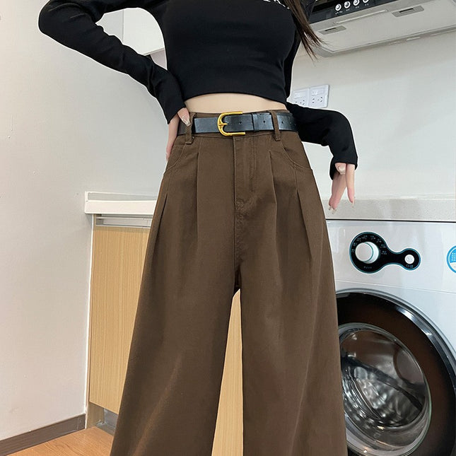 brown High Waist Work Jeans Women's Trendy All-match New Loose Slimming Casual Brown Wide Leg Pants