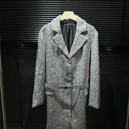Lapel Long Sleeve Herringbone Woolen Drill Coat Coat with Strapless Shorts Short Skirt High Style Four-Piece Set